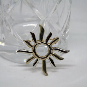 Vintage Sun Brooch Sunburst Abstract Pin Silver Tone Wavy Rays Solar